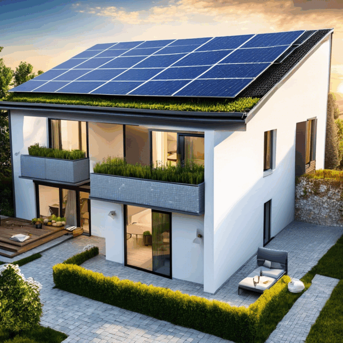 featured-image Modern house with rooftop solar panels, green roof, and garden, illustrating sustainable living solutions in renewable energy.